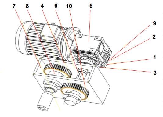 Main Mechanical internal parts (Gear Box) Drawing 1 Bearing 6 Extrusion Passive Axis 2 Base 7 Extrusion Gearbox