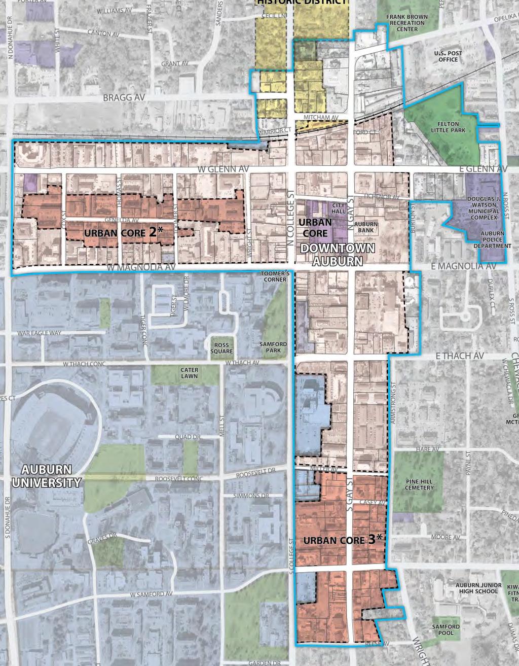 AUBURN DOWNTOWN STUDY AREA Study boundary: 228 acres Parcel area: 194 acres Rich history associated with the railroad and Auburn University Major peripheral streets: College, Magnolia, Donahue,
