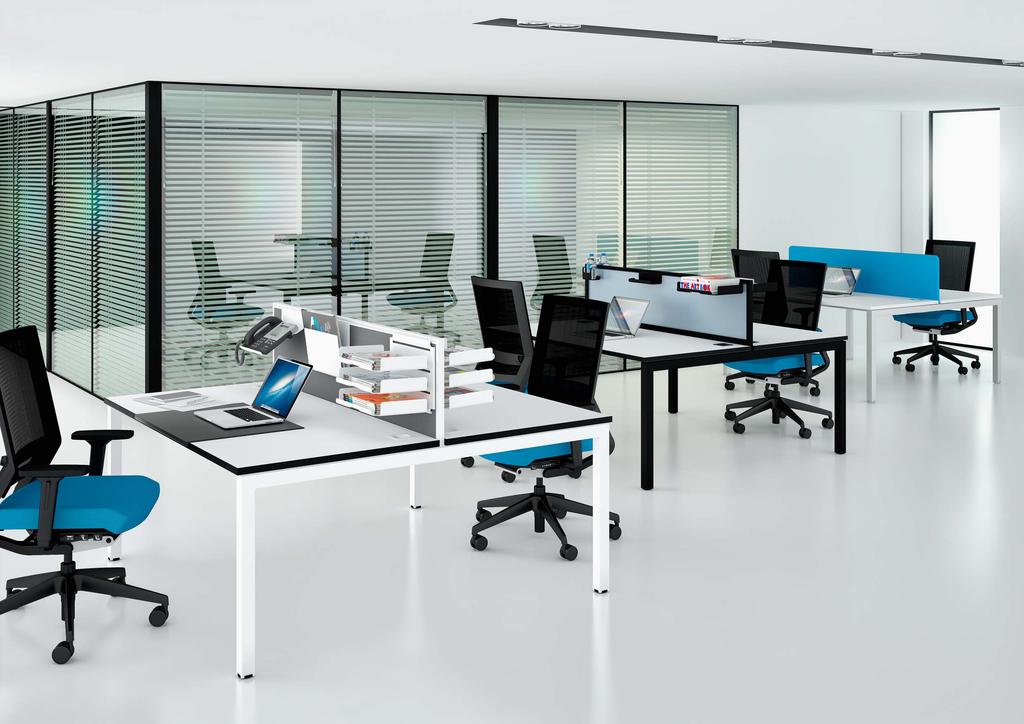 Double Bench Workstations Matrix Bench is available in three paint finishes for the desk metalwork and system screen trim, Silver RAL9006 is standard and White RAL9003 & Black RAL9005 are an optional