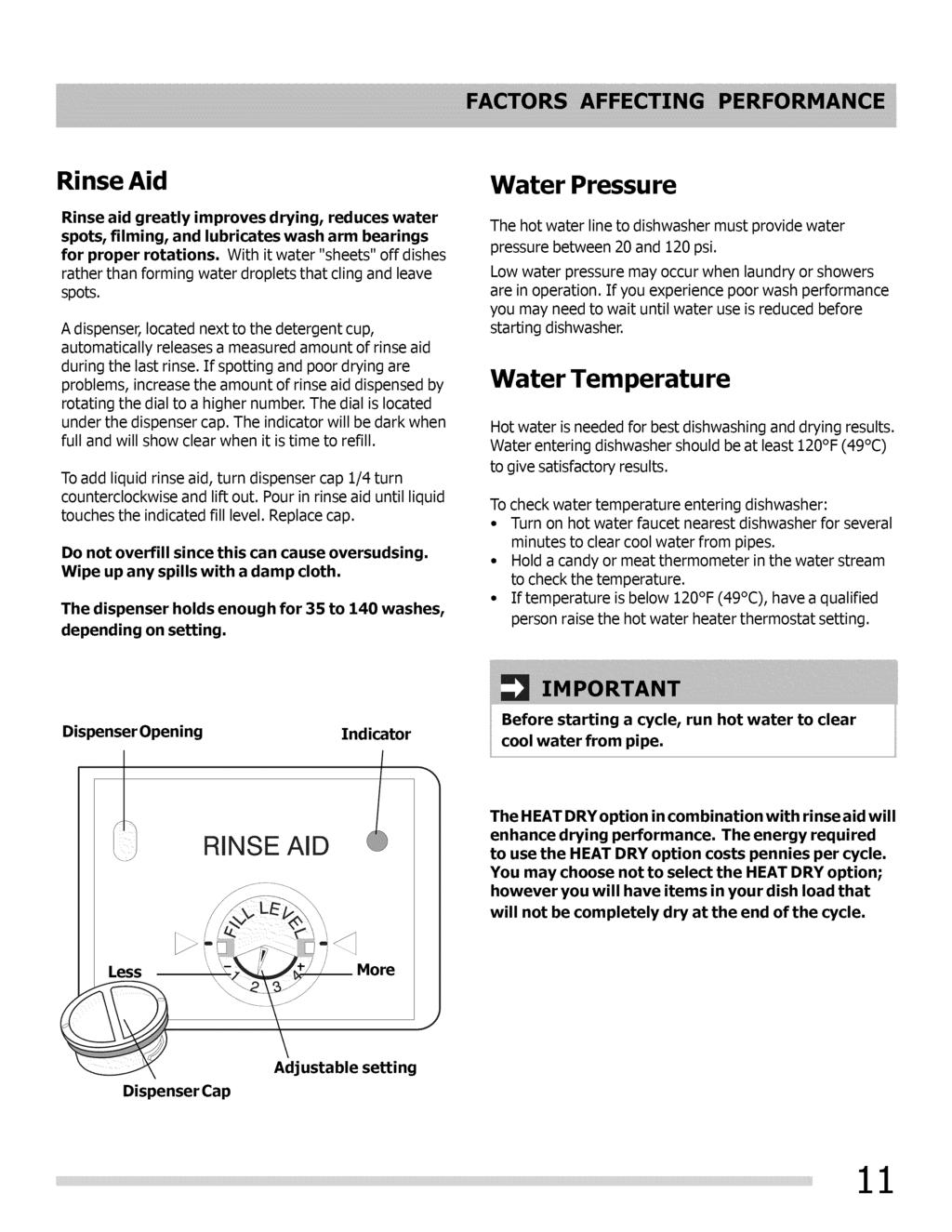 Rinse Aid Water Pressure Rinse aid greatly improves drying, reduces water spots, filming, and lubricates wash arm bearings for proper rotations.