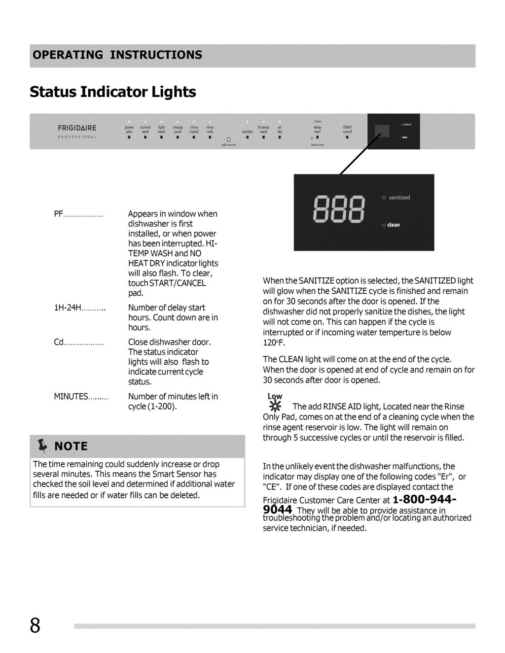 Status Indicator Lights PF... 1H-24H... Cd... MINUTES... Appears in window when dishwasher is first installed, or when power has been interrupted.