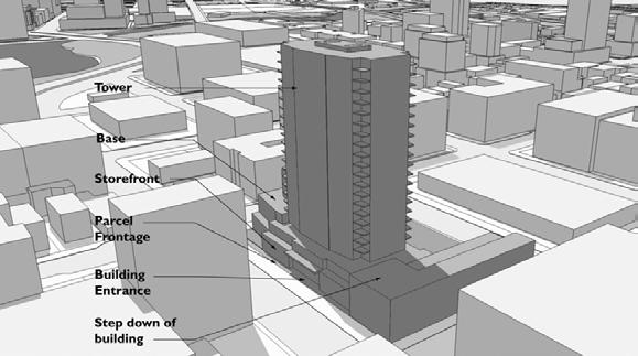 Dividing high-rise massing to reduce overall bulk and/or step down towards lower adjacent structures, as shown in Figure 4.