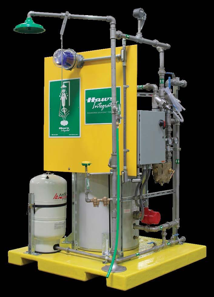 52 M) Indoor water tempering skid supplying tempered water to single or multiple showers and/or eyewashes.