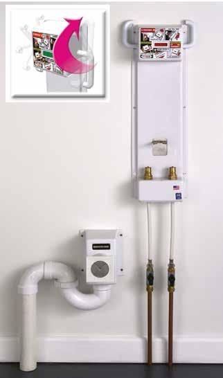 Shown: QuickLink installed with sink moved from wall and disconnected from services. Shown: QuickLink Wallplate and Standard Drain Kit. Inset: Wallplate levers in motion to demonstrate operation.