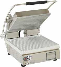 Italian-Style Panini Grill Ribbed cast iron plates Brushed stainless steel body Hinged, auto-balancing
