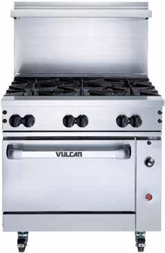 Black enamel oven interior 5" casters included 1 year limited parts and labor warranty CSA, NSF Ultimate Gas Restaurant Range (6) 33,000 BTU/hr patented lifetime
