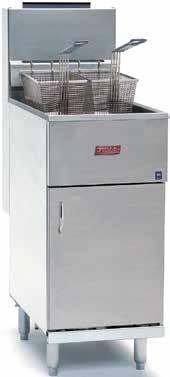 Valueline Gas Fryers Stainless steel cabinet front, door and tank Millivolt thermostat maintains temperature between 200 and 400 F (2) nickel plated oblong, wire mesh baskets 105,000 BTU/hr 6"