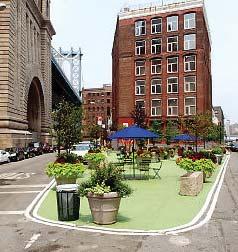 Seating in parking lane can create or widen public spaces by eliminating a minimum amount of