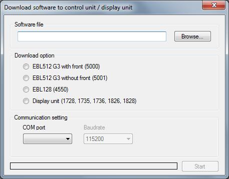 Progress bar Select the path and the Software file name, e.g. English_EBL512G3_220.BIN (220 = version 2.2.0.) 2. Select the EBL512 G3 type, 5000 (with front, display etc.