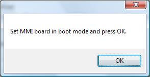 Release the "BOOT" button. The Main board LED "D24" is turned off while the Main board is in "boot" mode. 5. Start the download, i.e. click "Start". If it is an EBL512 G3 type 5000 (i.e. with front and MMI board), another dialog box opens, Set the MMI board 5011 in "boot" mode, i.
