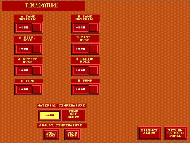 TEMPERATURE screen Sections only shown if recirculation is installed A TANK MATERIAL button/indicator This button/indicator shows the temperature setting of the material in the A material tank