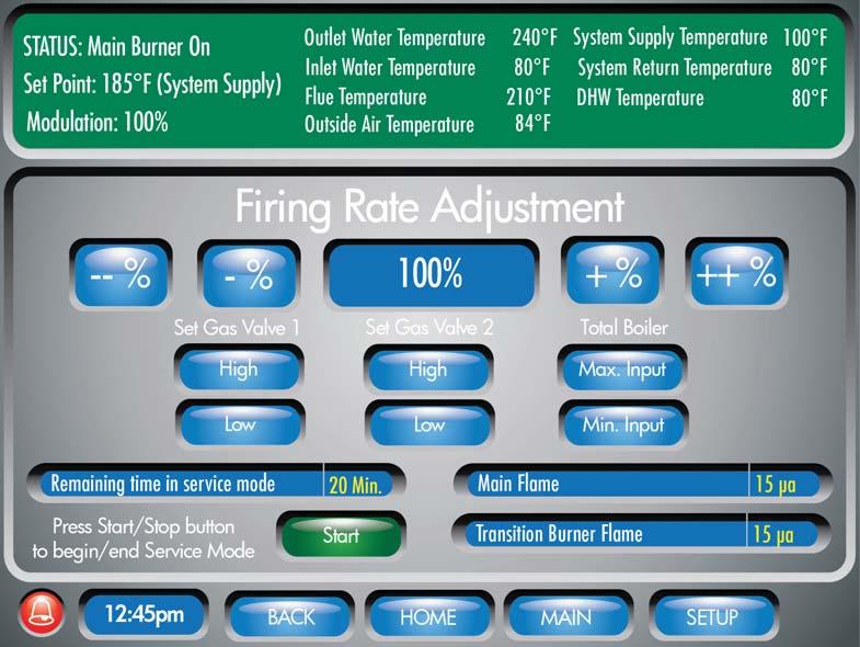 1 Service Service Screen The Service Screen allows the integrated control to override all other heat demands and operate Valve 1 and Valve 2 at high fire and low fire conditions.