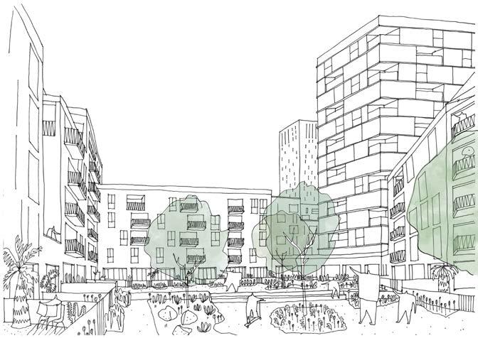 These are designed as sociable spaces providing doorstep play. It is anticipated that a diverse range of courtyard environments could be provided across the masterplan.