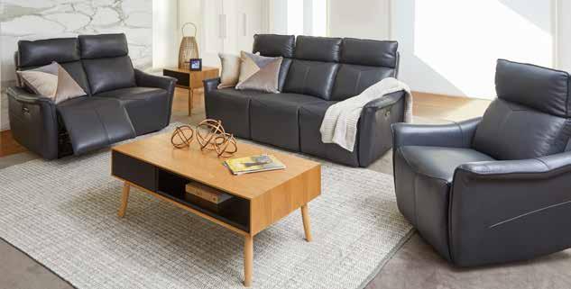 Available in electric or manual motion, with many leather colours available. 2.5 seater electric reclining sofa $1999. Cayman rectangle coffee table $499. Sausalito cushion $59.
