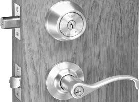 Turning inside lever retracts deadbolt and latchbolt simultaneously for immediate exit.
