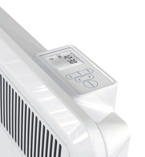 9 A panel convector heater with ELECTRONIC THERMOSTATIC control, integral 7-day timer and adaptive start features Compliant with Lot 20 ErP Directive Digital temperature control accurate to +/-0.
