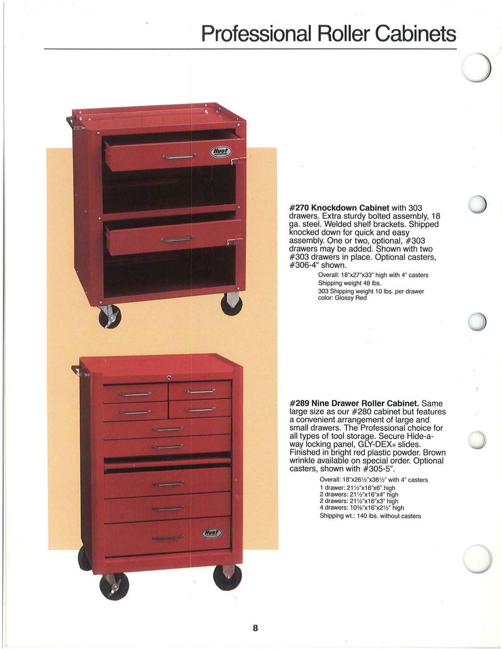 Professional Roller Cabinets #270 Knockdown Cabinet with 303 drawers. Extra sturdy bolted assembly, 18 ga. steel. Welded shelf brackets. Shipped knocked down for quick and easy assembly.