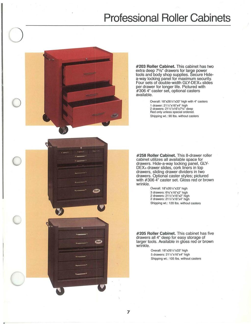 Professional Roller Cabinets 0 #203 Roller Cabinet. This cabinet has two extra deep 7%" drawers for large power tools and body shop supplies. Secure Hidea-way locking panel for maximum security.