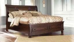 glides, French/English dovetail construction, felt or cedar linings, and dark bronze color hardware Hidden drawers located in dresser and night stand Sleigh bed provides two