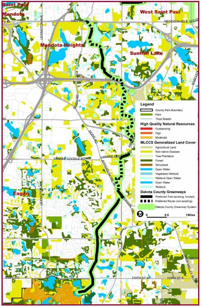 According to the Minnesota Land Cover Classification System (MLCCS), a majority of the land cover along the Mendota-Lebanon Hills Greenway Regional Trail route is developed lands, non-native grasses