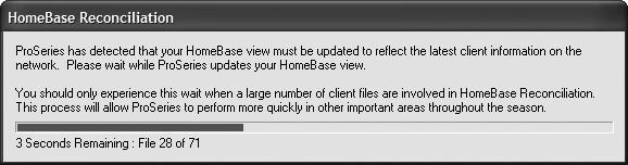 This progress bar keeps you informed about status of the HomeBase Reconciliation operation.