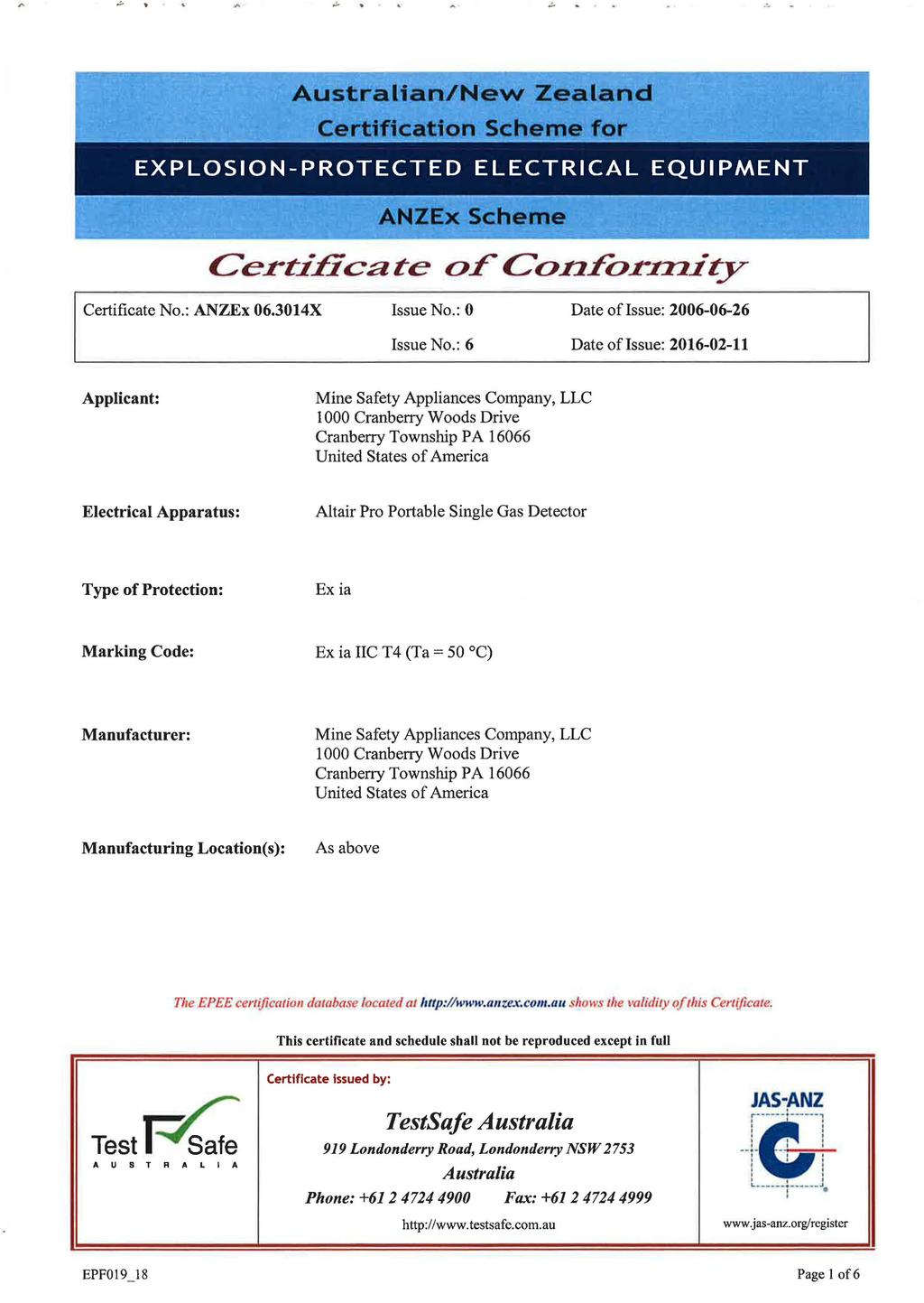 Australian/New Zealand Certtfic f on heme for EXPLOSION-PROTECTED ELECTRICAL EQUIPMENT ANZ Cerc1ficace ofconfor1221t:y Certificate ANZEx 06.