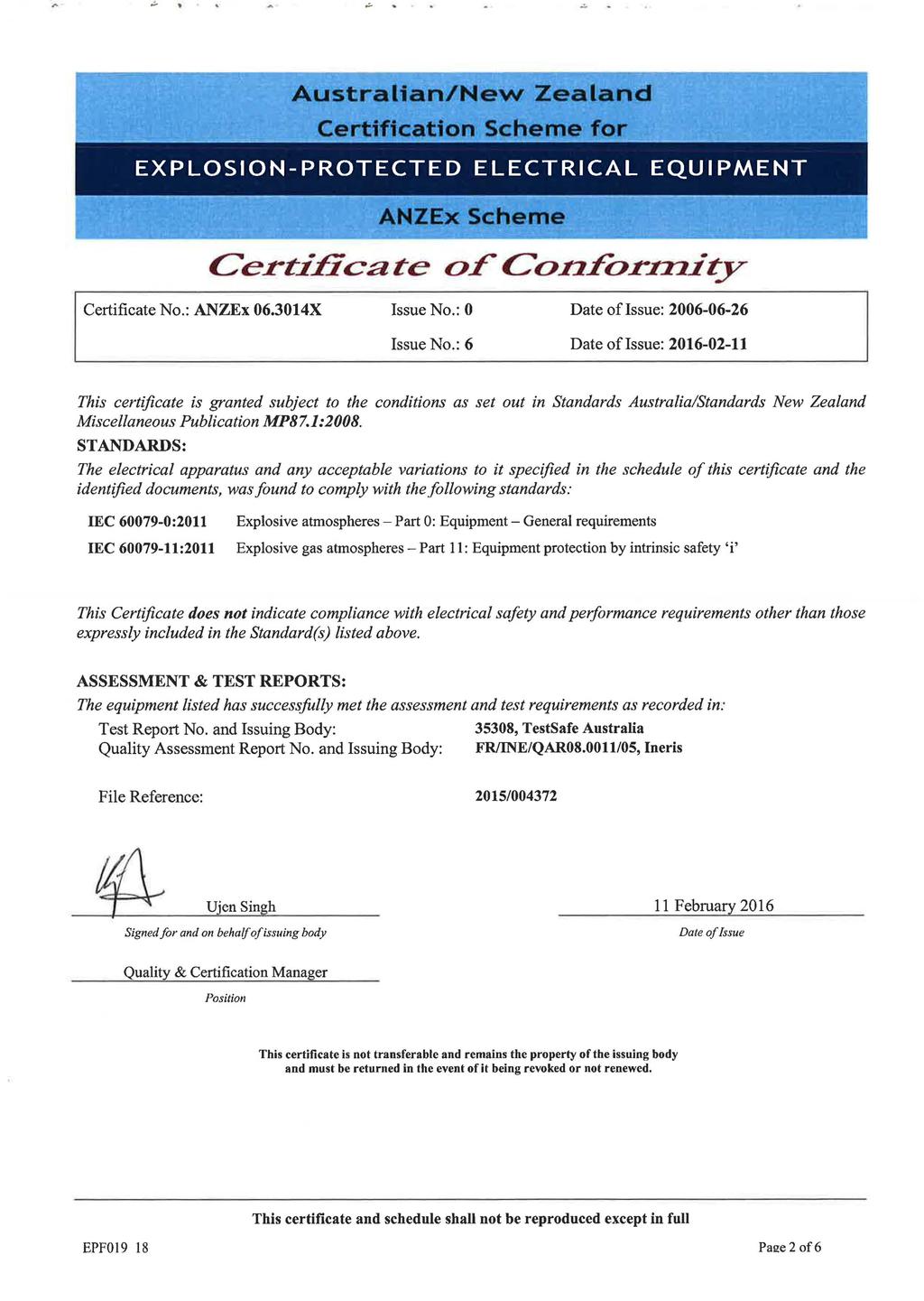 Australian/New Zealand Certfftcatton Scheme for Cert-.ificace of Conform.icy Certificate ANZEx 06.