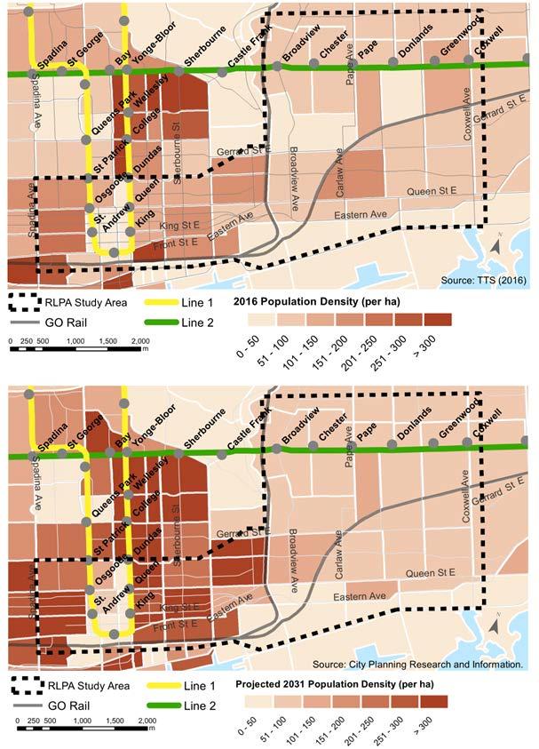 Figure 5-26: Existing and projected population densities in the Study Area (City of Toronto, 2016d) Figure 5-27: Existing and projected employment densities in the Study