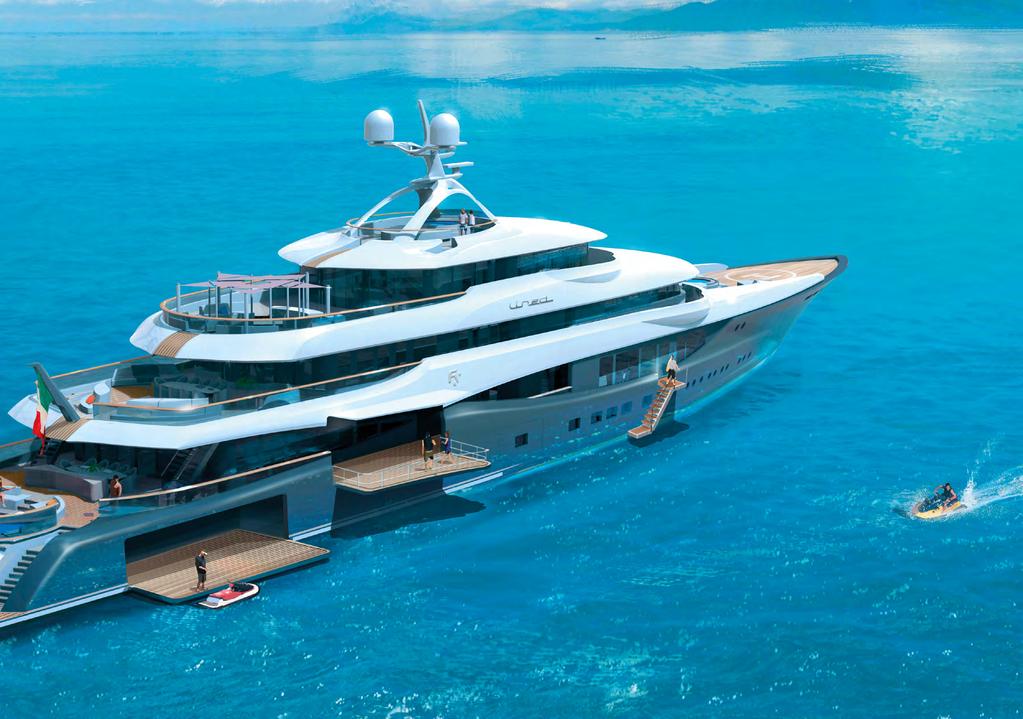 EXTENSIVE BEACH CLUB While at anchor, the many folding balconies and shell doors can be deployed, allowing the large custom tenders to be