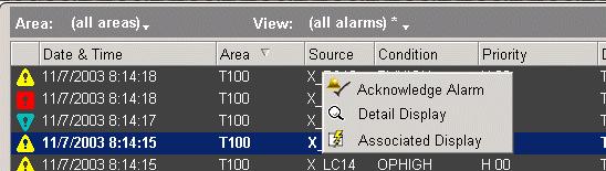 Process Alarms Acknowledge an alarm Acknowledge a particular alarm on the Alarm Summary Either: Step Action 1 Select the alarm and click (Alarm Acknowledge) toolbar button.