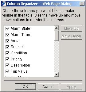 Process Alarms Using the Alarm Summary tools Column Organizer Use the Column Organizer to arrange the Alarms screen.