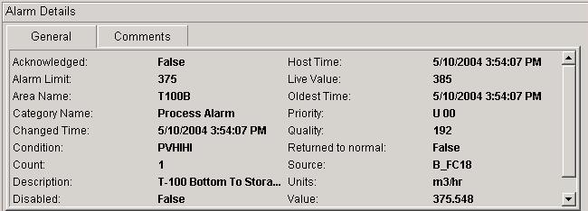 Process Alarms Using the Alarm Summary tools The Detail Pane Function This pane provides important information about the alarm status