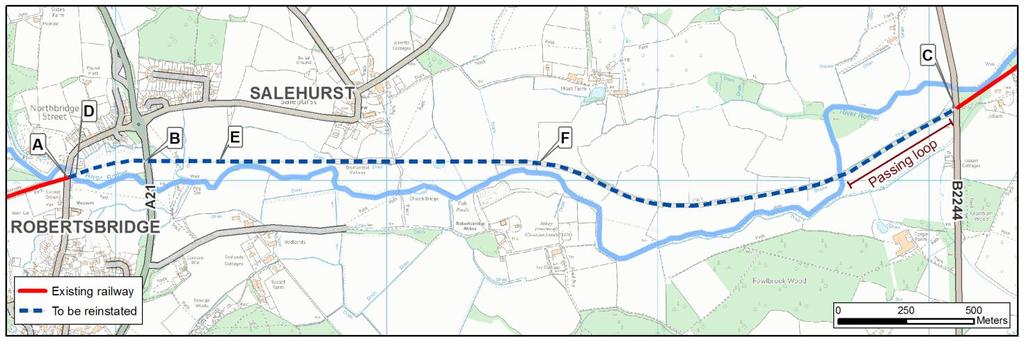 Figure 1: Scheme overview 123 A new halt (Figure 1- Point F, which is a minor stopping place, is proposed to be built alongside the railway which would serve the village of Salehurst There will also