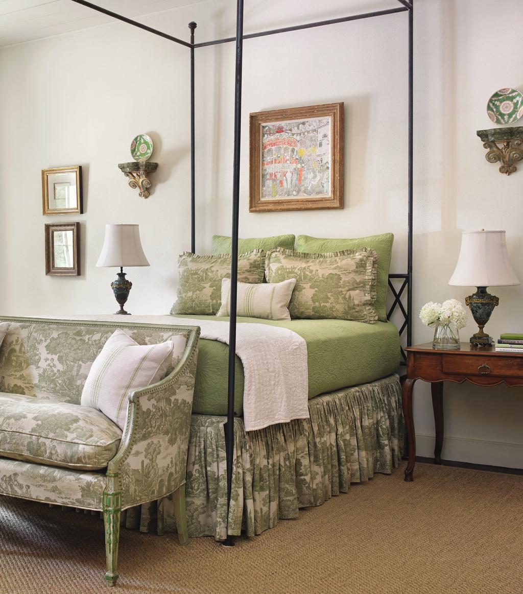 THIS PHOTO: An inherited green-painted bench set the stage for the master bedroom s color scheme.