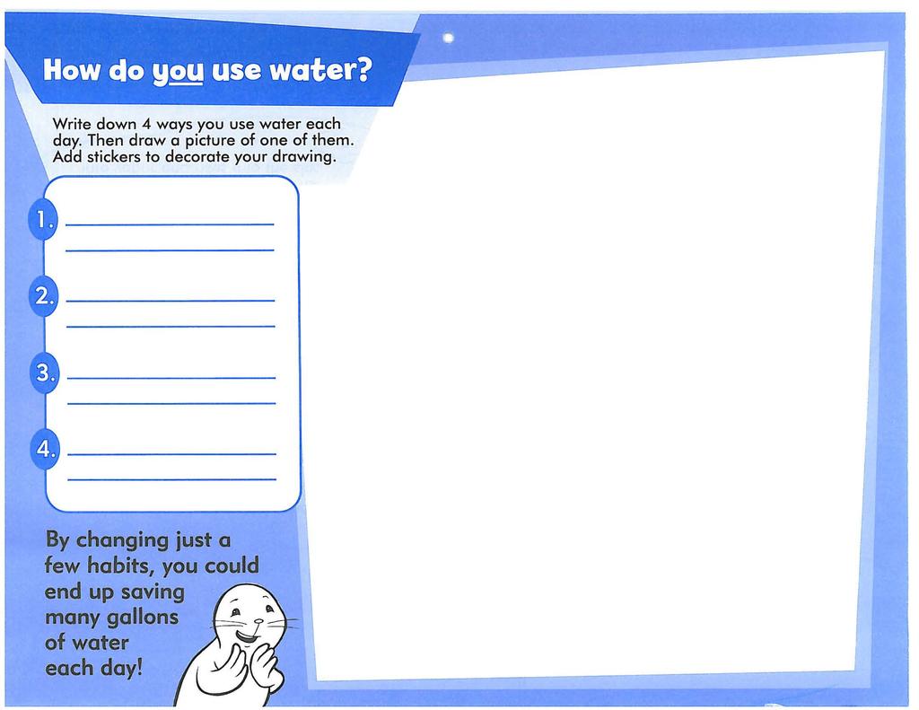 Write down 4 ways you use water each day. Then draw a picture of one of them.