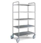 Welded, deep-drawn Shelves with elevated perimeter lip. 4 Swivel Castors, Ø 125, chrome-galvanised, 2 Castors with Total Lock. Total load capacity: 120.