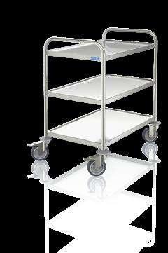 00 Stainless steel. Equipped with 4 Shelves. Welded, deep-drawn Shelves with elevated perimeter lip. 4 Swivel Castors, Ø 125, chrome-galvanised, 2 Castors with Total Lock.