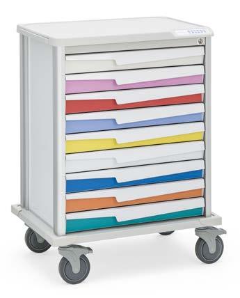 tilt bins, set of 5 tilt bins, locking sharps container, plastic waste basket, and pull-out work surface Tempo specialty carts target specific functions.