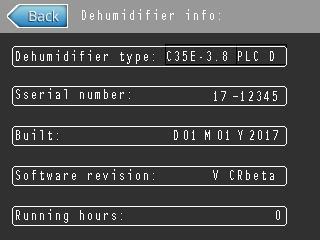 CONDAIR DA35E / DA 35D / DA 35C OPERATING AND SERVICE HANDBOOK page 100/128 INFO / DEHUMIDIFIER What you see: DEHUMIDIFIER TYPE defines the type and configuration of the dehumidifier SERIAL
