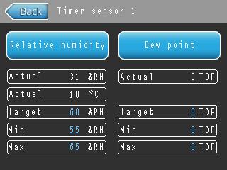 CONDAIR DA35E / DA 35D / DA 35C OPERATING AND SERVICE HANDBOOK page 86/128 SET / TIMER / HUMIDITY / SENSOR1 What you see: Actual values measured by sensor 1 (measures both %RH, C and actual dew point