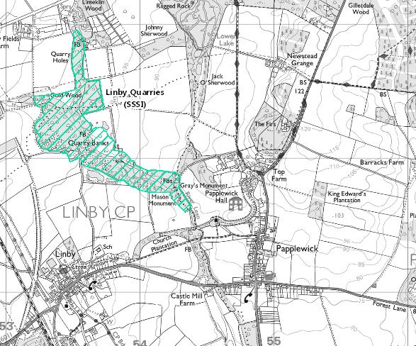 64. Linby Quarries SSSI lies mostly within the neighbouring parish of Linby but is also partially within the Papplewick Neighbourhood Plan Area.