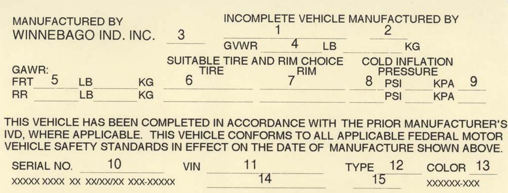 SECTION 1 - INTRODUCTION VEHICLE CERTIFICATION LABEL This label is affixed to the lower driver side armrest panel, driver door, or the driver side door jamb, depending on model.