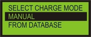 The display will shows the following Select the desired charging mode MANUAL or FROM DATABASE and set the amount of refrigerant to be charged into the a/c system (with 'UP' key to increase or DOWN