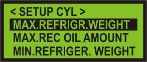 13.3. Cylinder Settings MAX. REFRIGERANT WEIGHT - Set up of max allowable refrigerant weight in cylinder (12) Use "UP" or "DOWN" keys to set the cylinder weight to 80% of its capacity (20kg max.