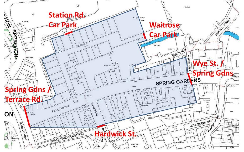 The second zone covers the other shopping area around Spring Gardens (see Figure 2) and includes The Springs shopping centre and the Spring Gardens as far as Wye Street.