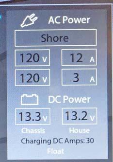 SECTION 4 APPLIANCES AND SYSTEMS Battery Charge Meter Power Information Screen (Located on Home Screen) Volts currently available from Chassis and House Battery.
