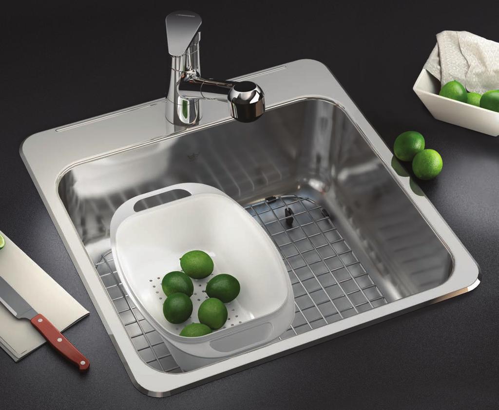 Sink model QSL2020/8 shown with BG11S botttom grid and CA1W colander Faucet model KFPOS100 Kindred Steel Queen Topmount A Popular Choice for Value and Variety Topmount sinks are a traditional and