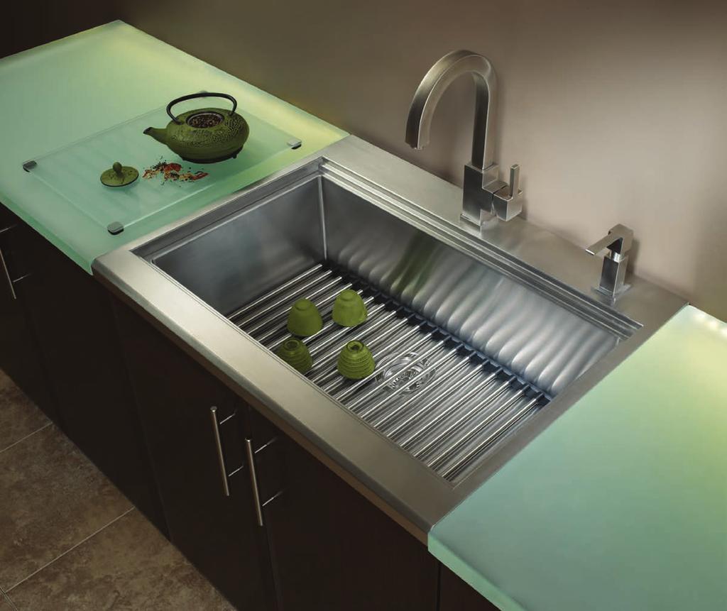 Sink model KCAS33/10 includes roll mat, glass board, and colander set. Shown with optional faucet model KF10C and soap dispenser KSD10C.