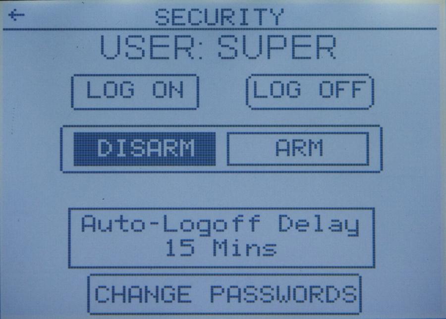 CHAPTER 4: Security 21 To change a user security password: 1. The SUPER user must be currently logged on to change the password. 2. Navigate to the Security screen. 3.