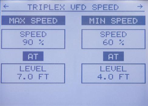 CHAPTER 6: Setpoints 31 SIMPLEX-DUPLEX-TRIPLEX VFD SPEED (optional) A dedicated screen for each pump is provided to set up the